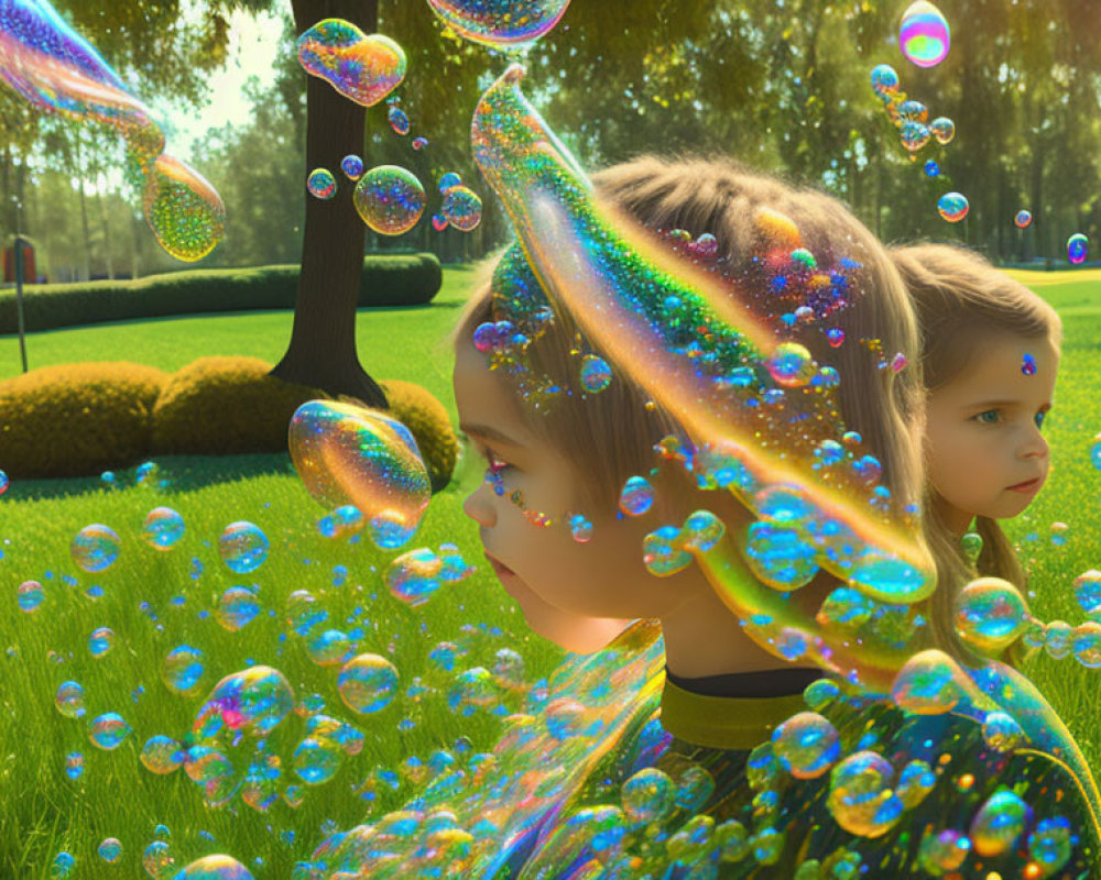 Children in sunny park with colorful soap bubbles creating magical atmosphere