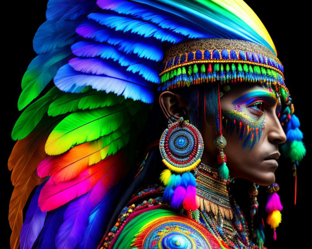 Colorful Feather Headdress and Face Paint Profile on Black Background