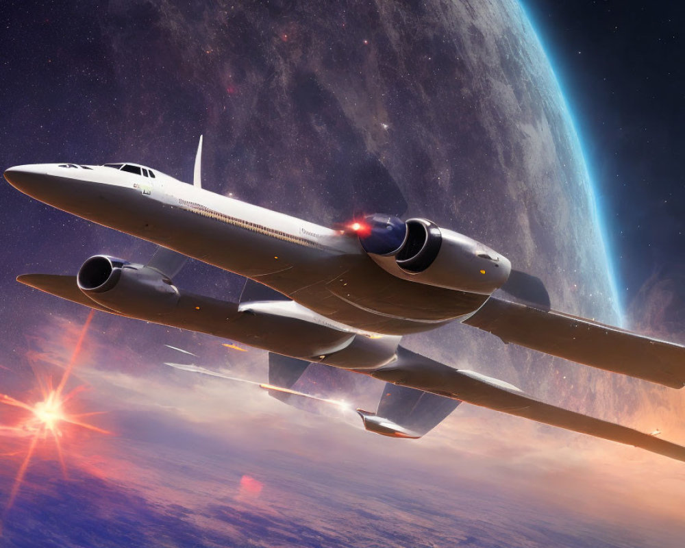 Sci-fi scene: airplane in space with planet and nebulae