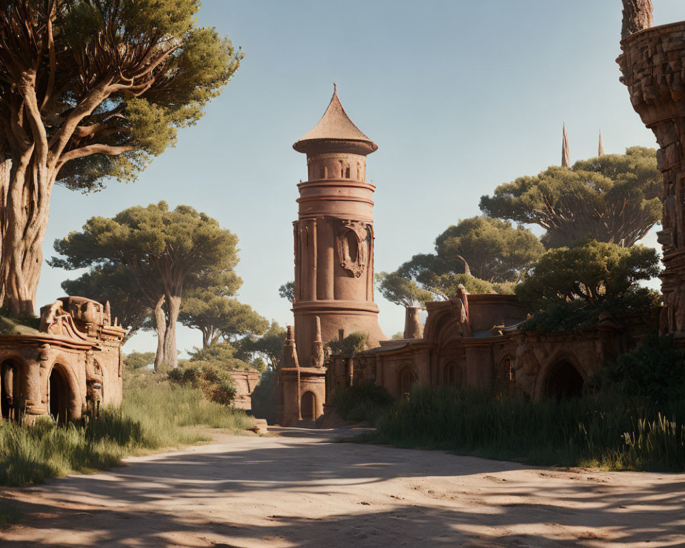 Ancient tower in overgrown ruins surrounded by lush trees