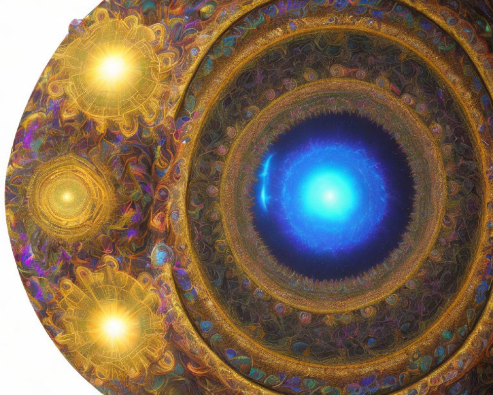 Intricate fractal image with glowing orbs and blue core surrounded by golden spirals