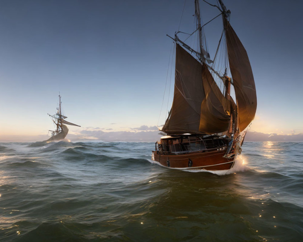 Tall ships with billowing sails in rough sea under sunset sky