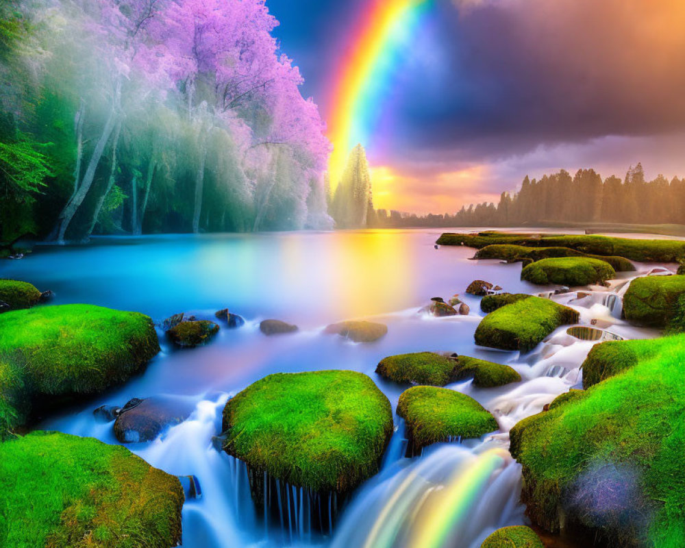 Vibrant rainbow over tranquil river and moss-covered rocks in colorful landscape