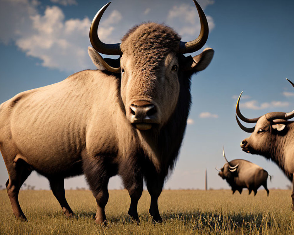 Three large brown buffalos with curved horns in grassy field under clear blue sky