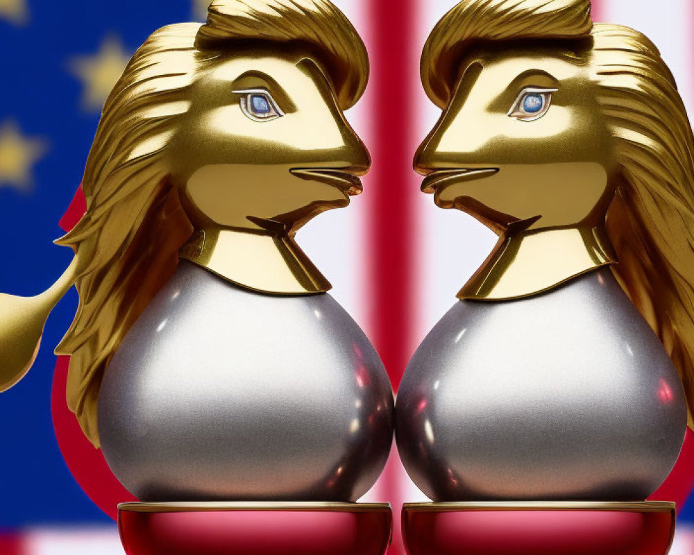 Stylized metallic lion figures with USA flag backdrop