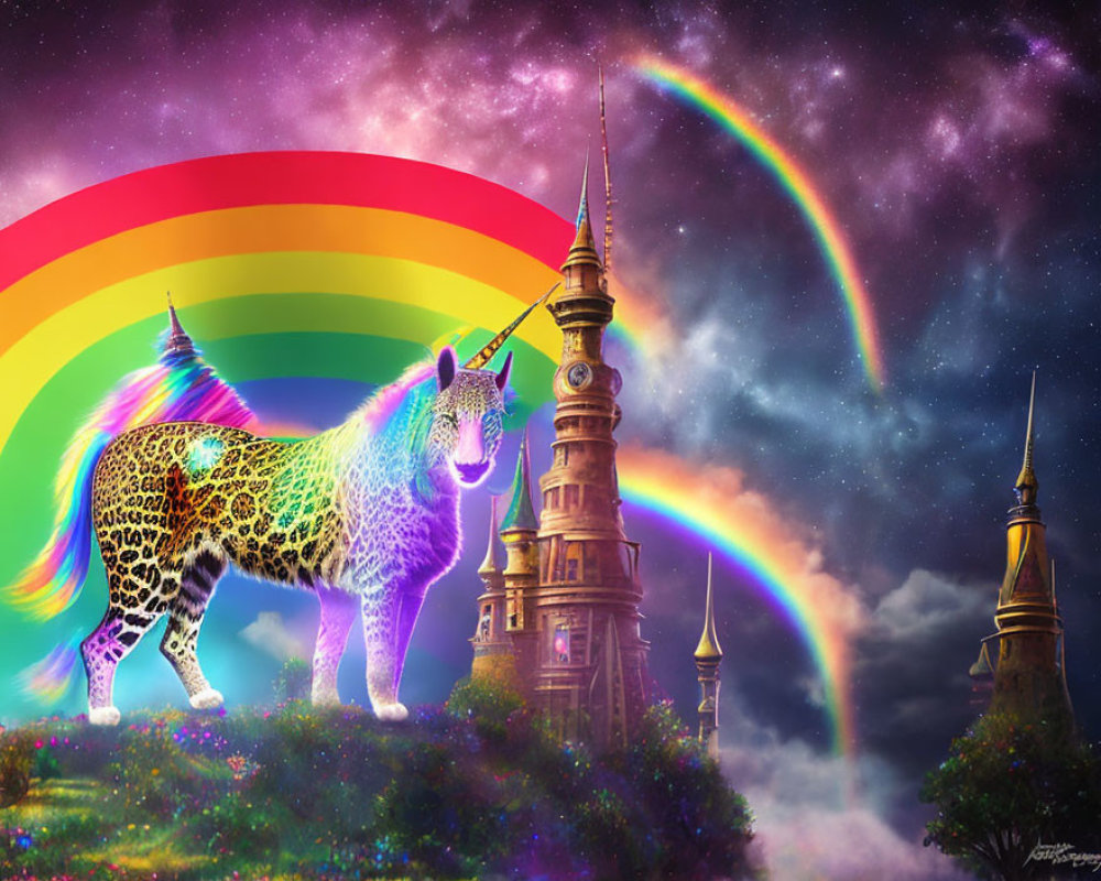 Colorful leopard-print unicorn under double rainbow at magical castle towers