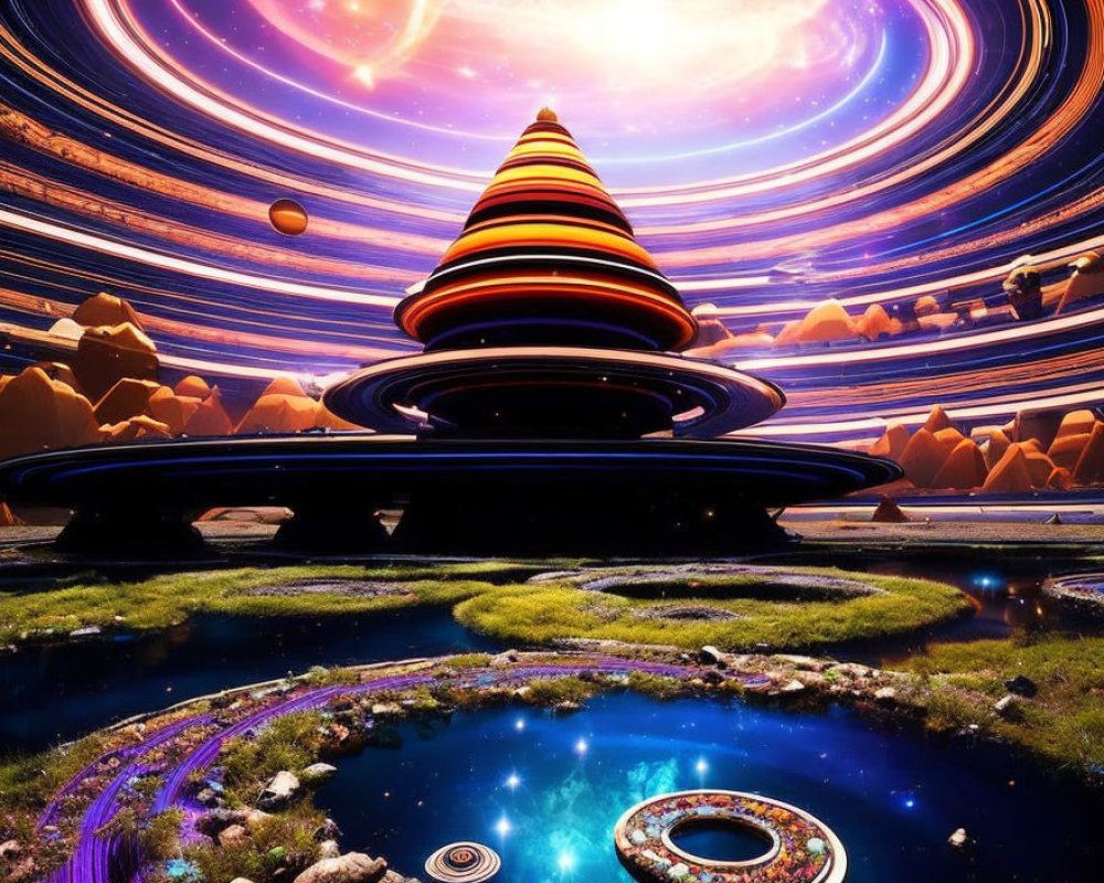 Colorful surreal landscape with striped cone and ringed planets