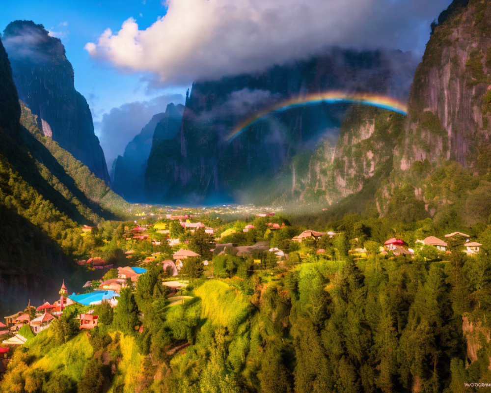 Scenic rainbow over mountain village with sun rays