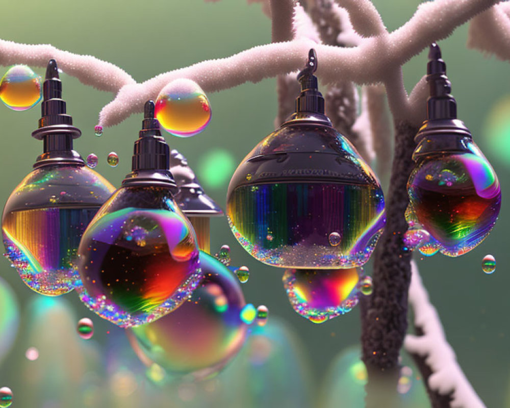 Iridescent Christmas Ornaments on Snow-Covered Branch