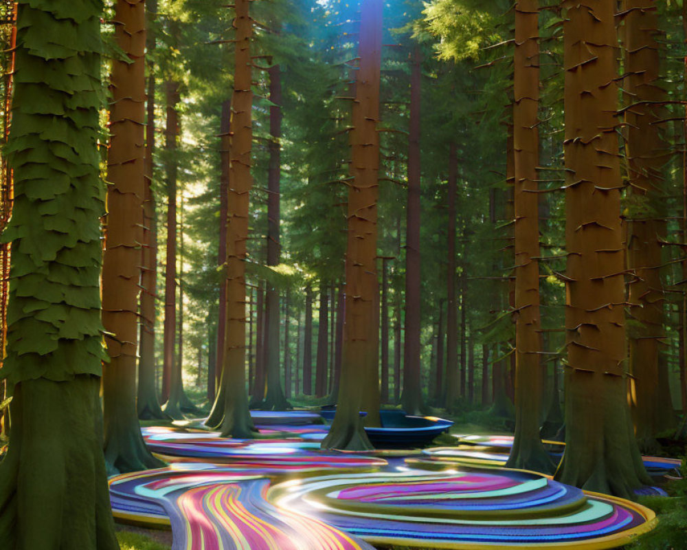 Colorful forest scene with tall trees and winding ribbon path