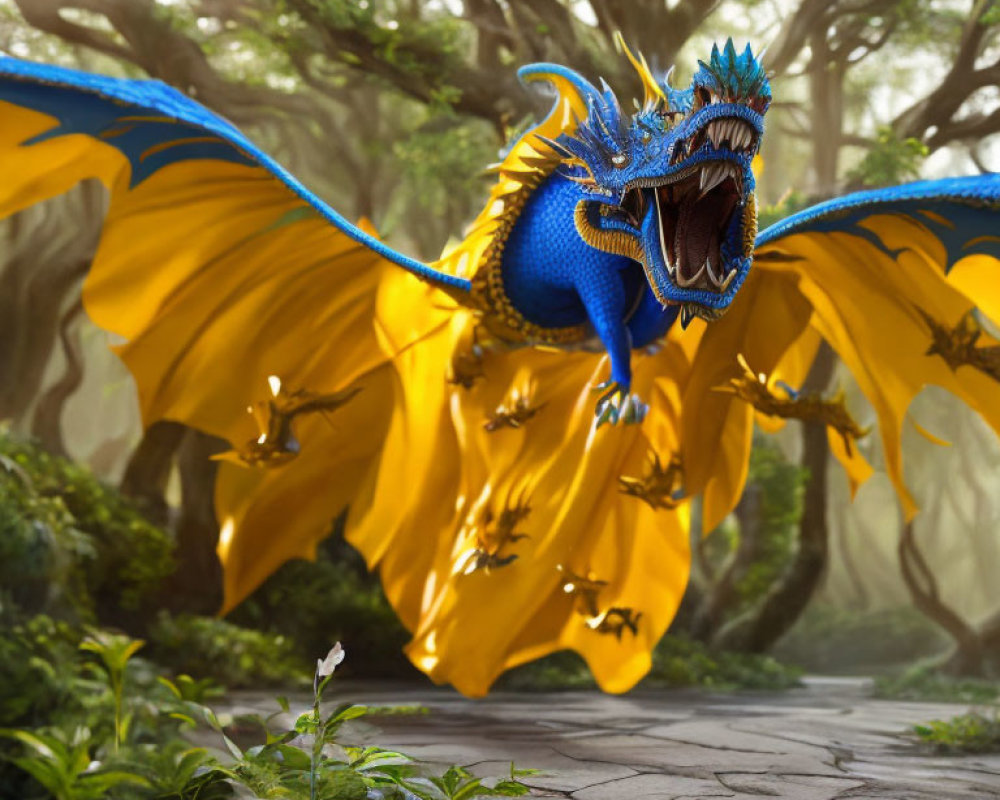 Blue and Gold Dragon Roaring in Mystical Forest Clearing