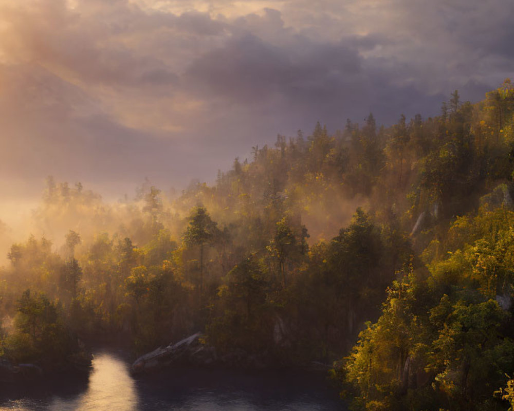 Sunlit Misty River Flowing Through Forest at Sunrise