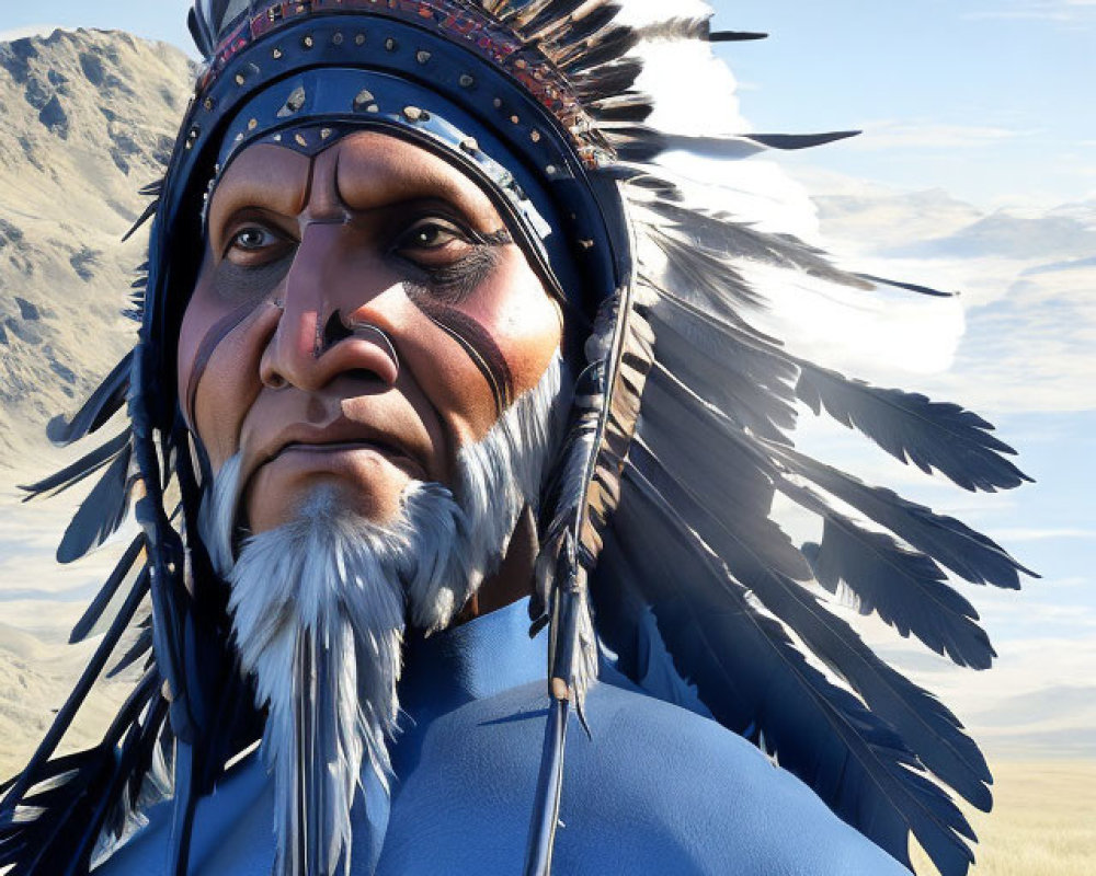 Native American chief in feather headdress overlooking grassy plains and mountains