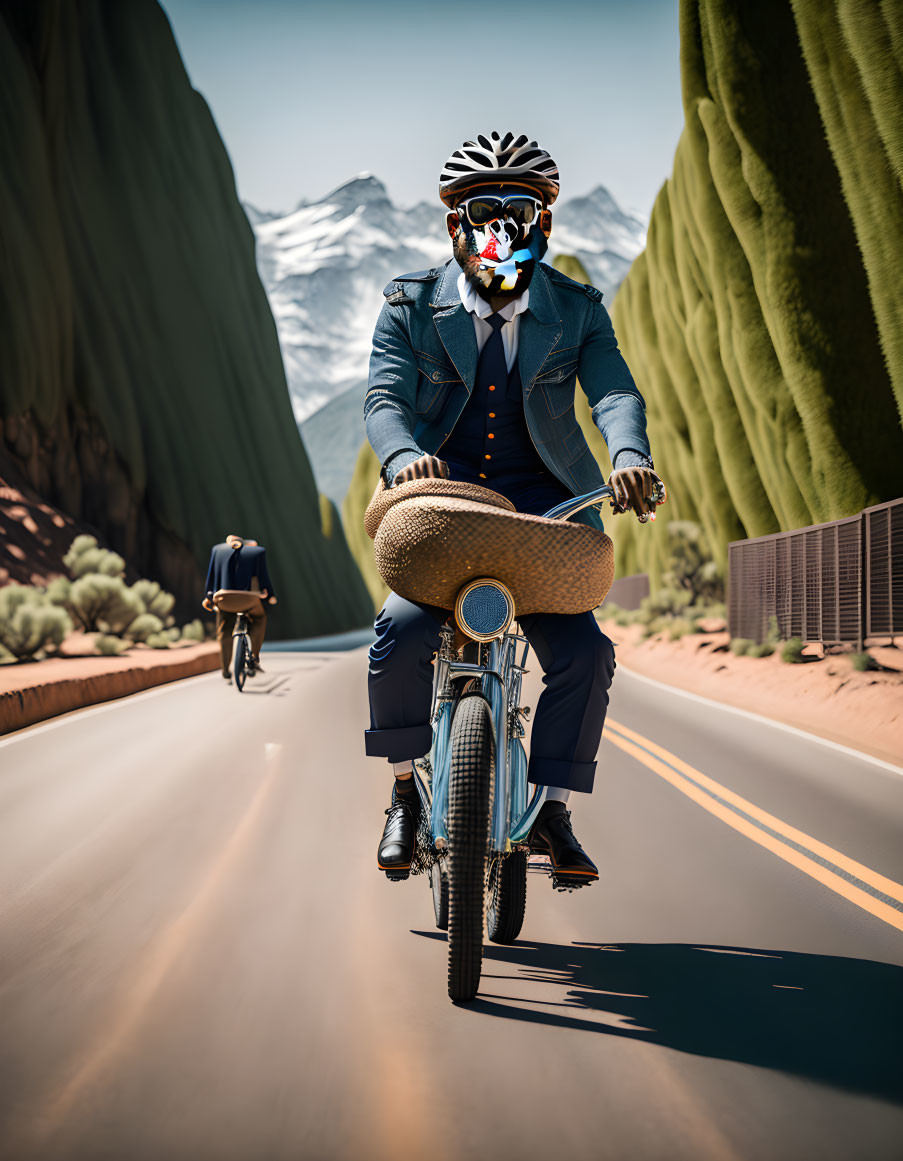 Person in skull face paint rides bicycle on road with mountains and cyclist ahead