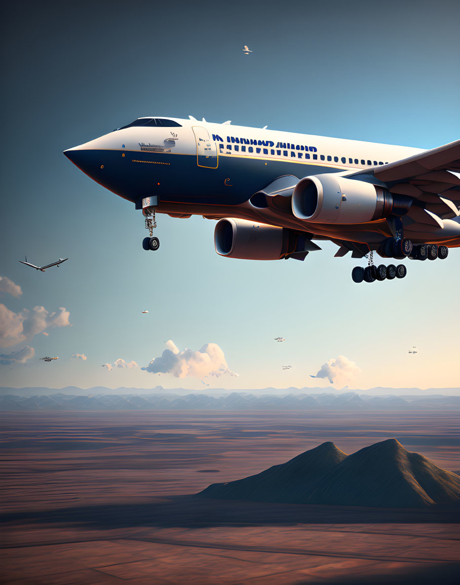 Commercial Airliner Taking Off Over Desert Landscape