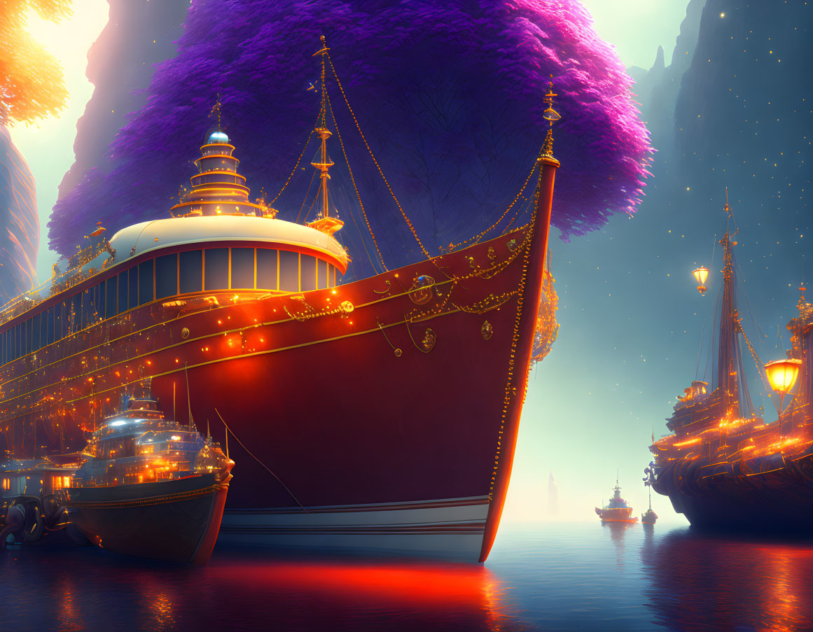 Vintage Ship Anchored in Glowing Sea Under Purple Foliage