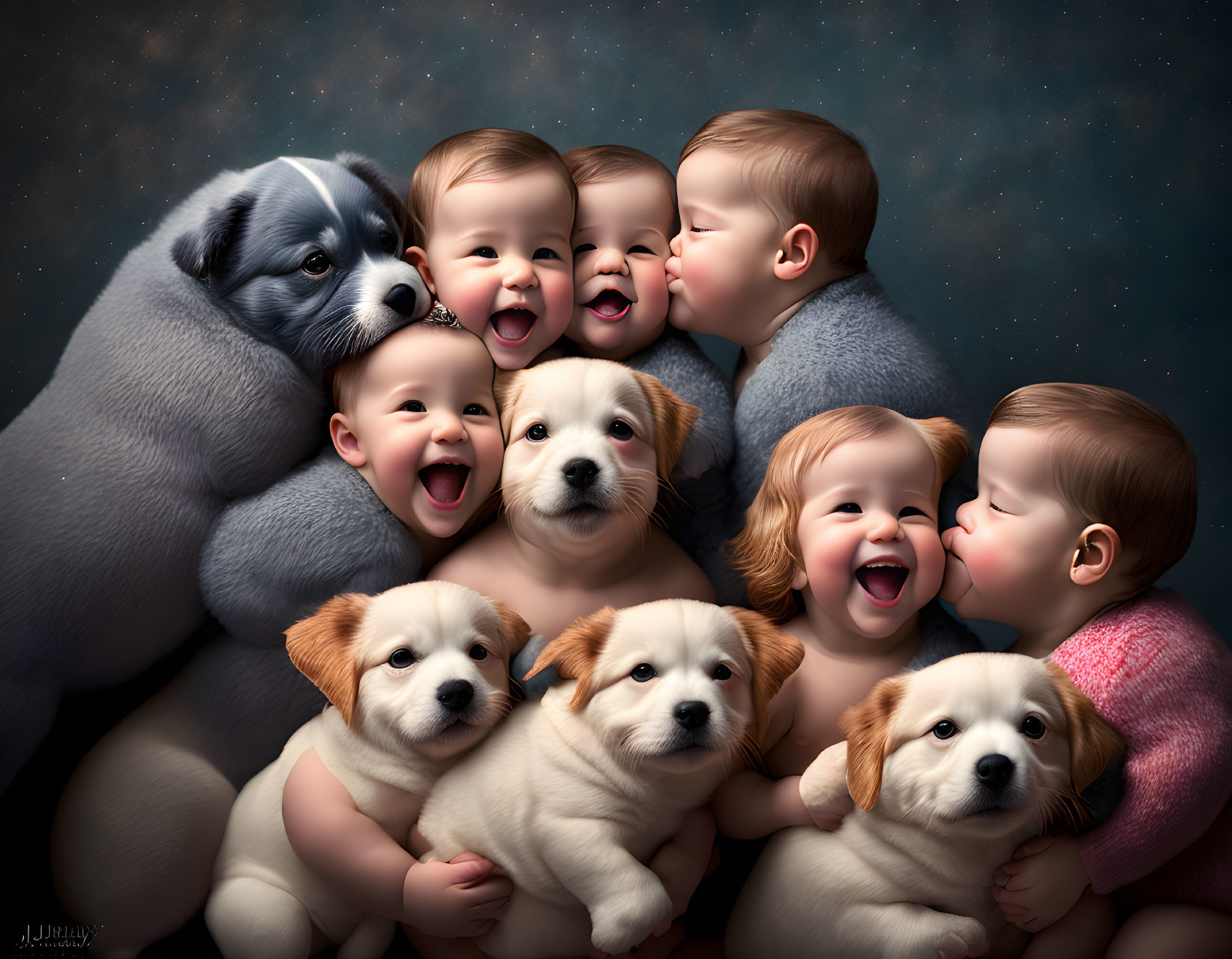 Adorable Babies Snuggling with Puppies Under Starry Sky