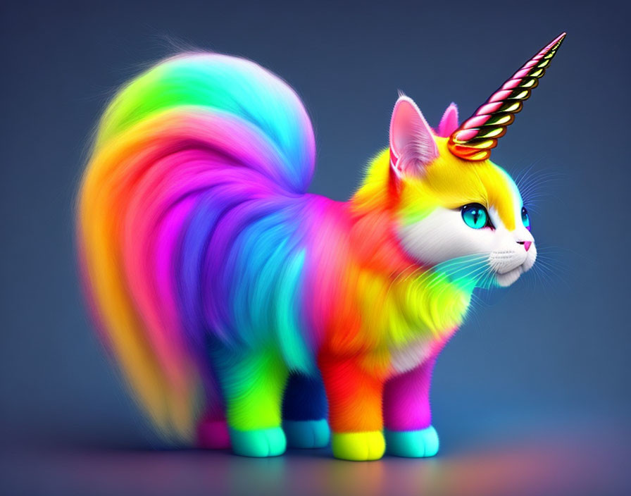 Colorful Cat with Rainbow Fur and Unicorn Horn on Gray Background