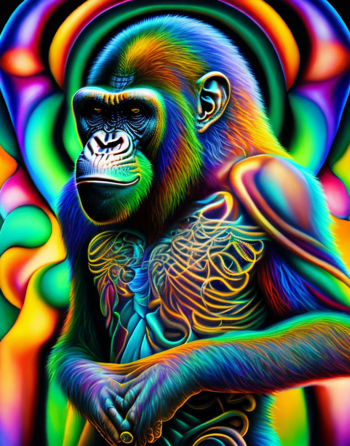 Colorful Psychedelic Gorilla Illustration with Swirling Background