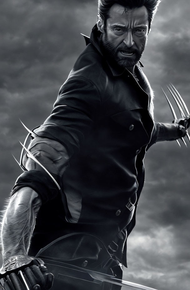 Man with metal claws, styled hair, and leather jacket in stormy setting