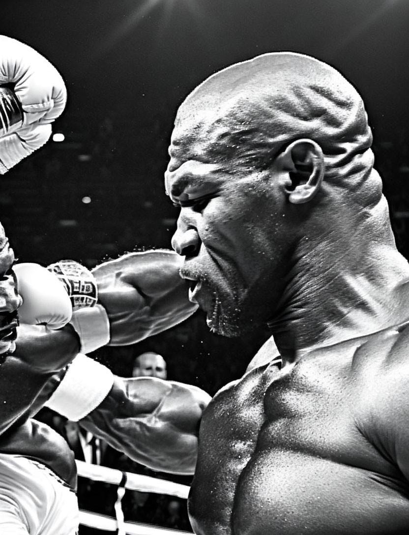 Monochrome close-up of boxer punched in match, tense expression