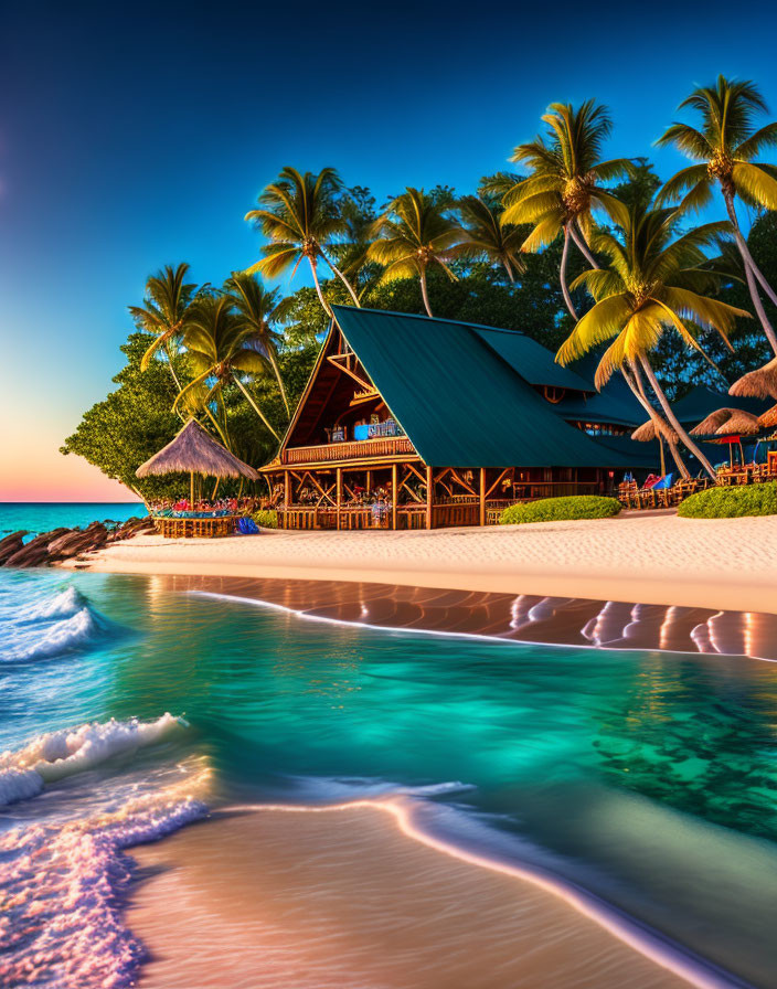 Tropical beach view at dusk with wooden bungalow and palm trees