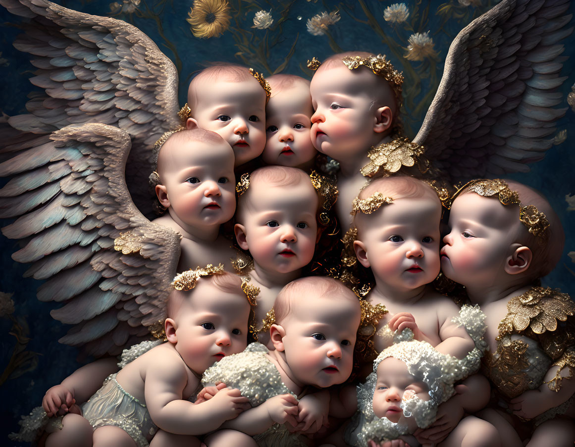 Cherubic babies with angelic wings and golden accessories in dark blue floral setting