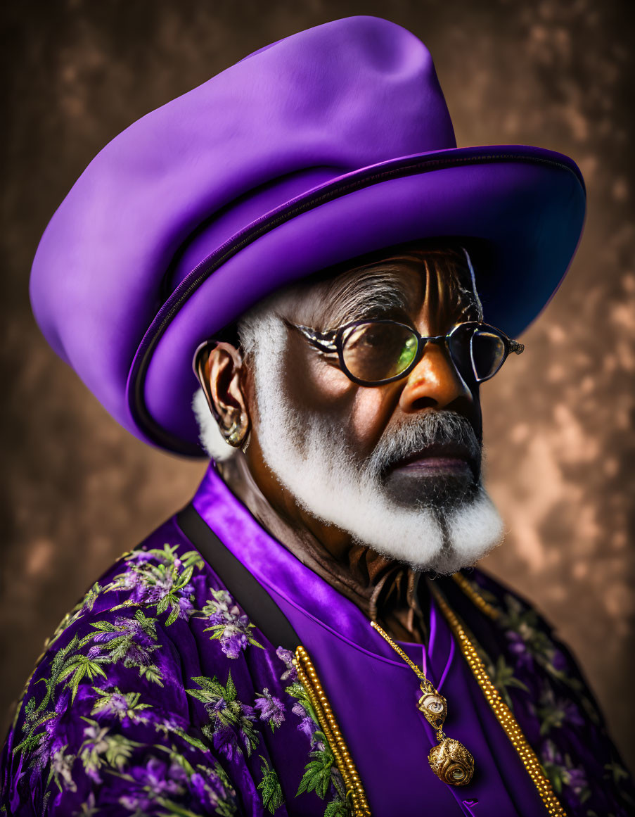 Elderly Man in Purple Hat and Floral Suit on Brown Background