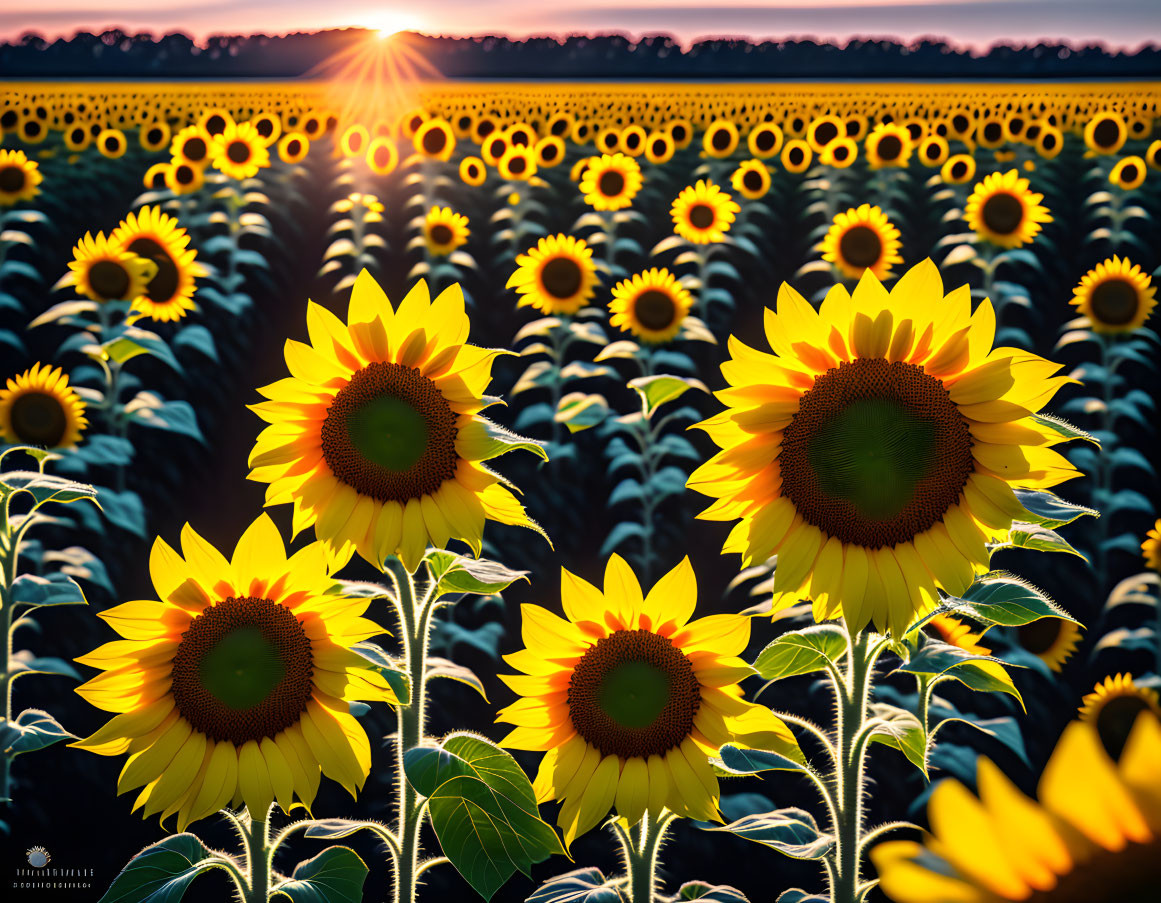 Sunflower Field at Sunset with Sunbeams in Clear Sky