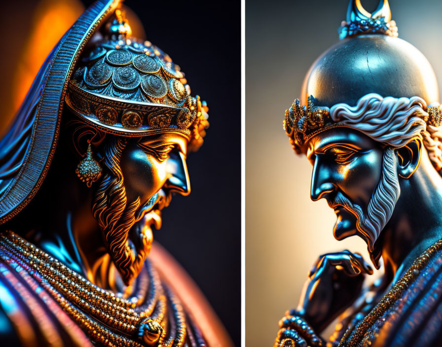 Detailed Split-View of Metallic Bearded Male Figure with Ornate Helmet