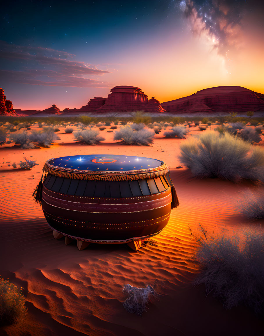 Large Djembe Drum in Desert Setting with Red Sand and Starry Sky