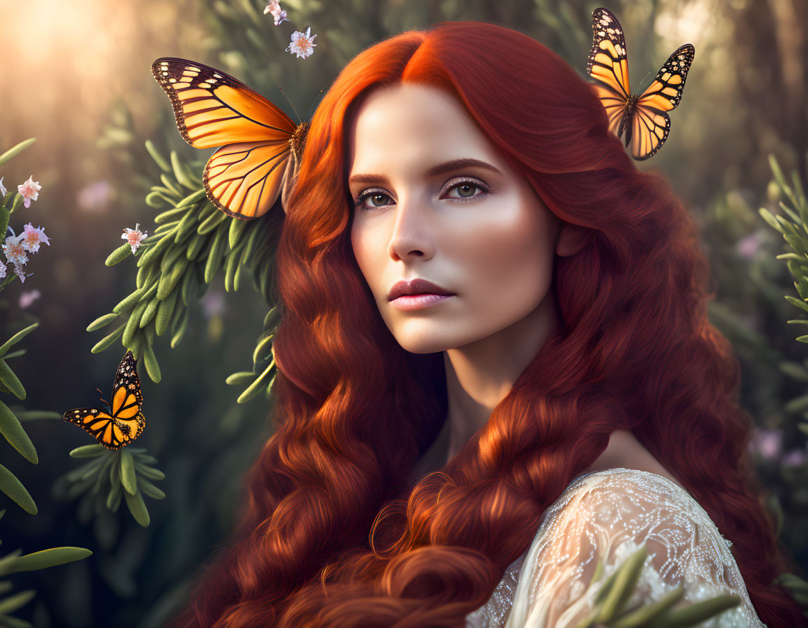 Red-haired woman with butterflies and flowers in natural setting