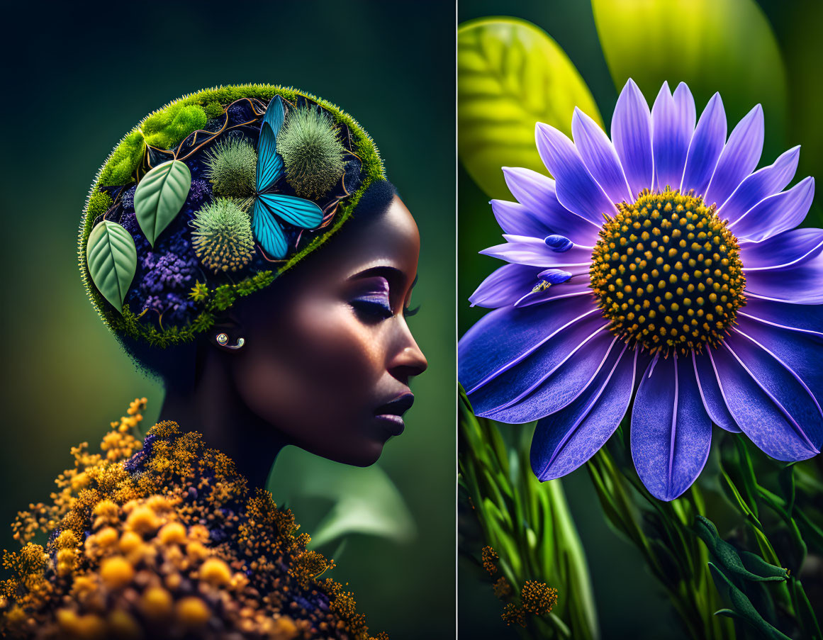 Surreal portrait of woman with garden headpiece beside vibrant purple flower