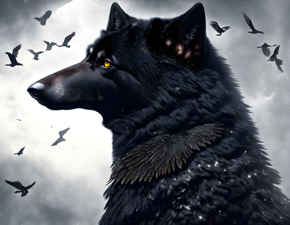 Majestic black wolf with golden eyes and feathered shoulders surrounded by birds against cloudy sky