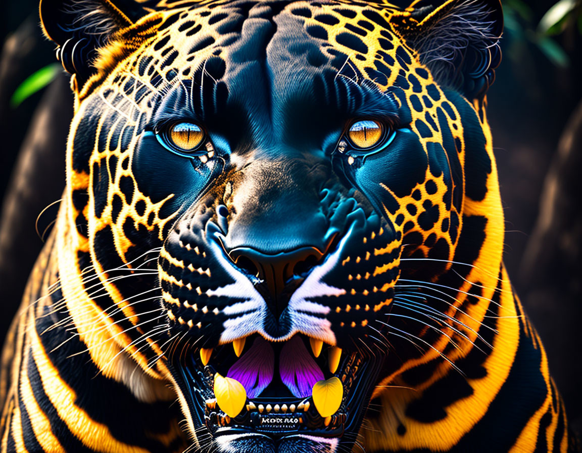 Colorful digital artwork featuring fierce jaguar with open jaws