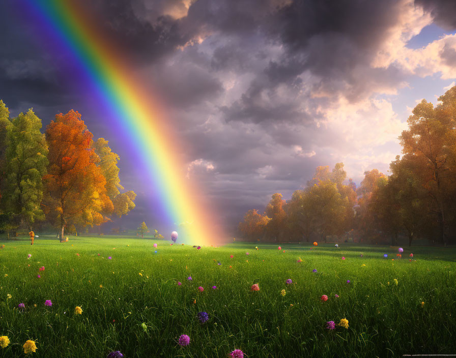 Vibrant rainbow over autumn park with colorful foliage