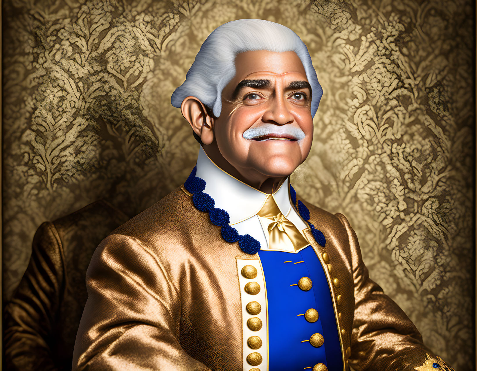 Elegant white-haired man in golden jacket on patterned background