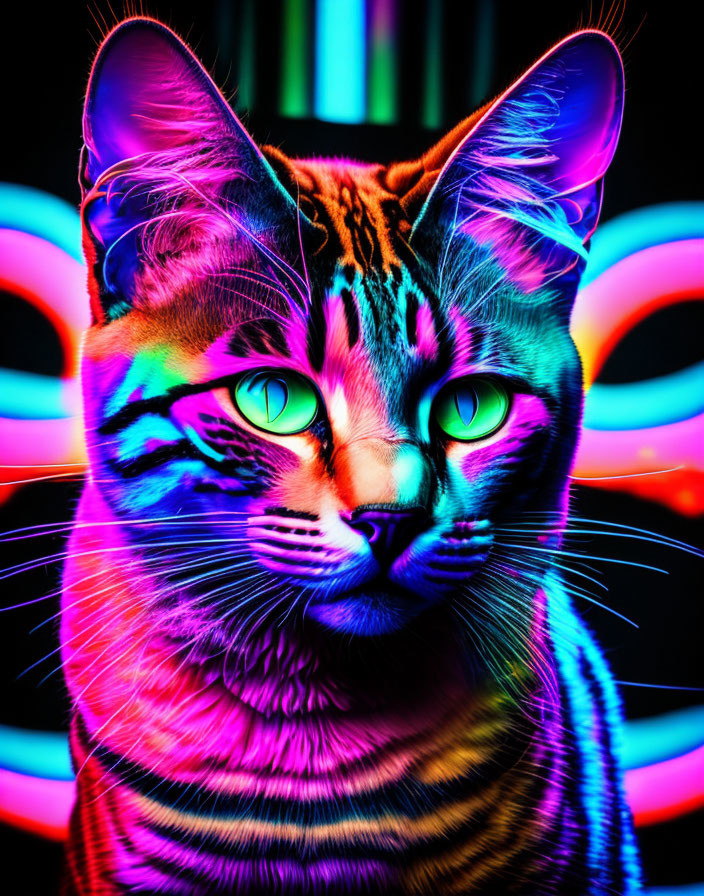 Colorful digital art: Neon rainbow cat on glowing rings