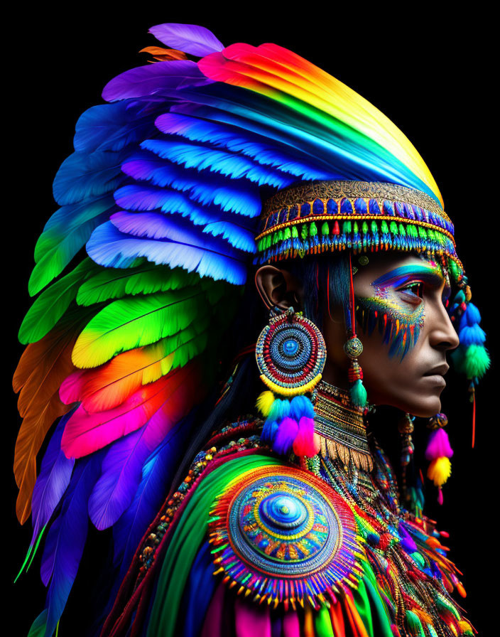 Colorful Feather Headdress and Face Paint Profile on Black Background