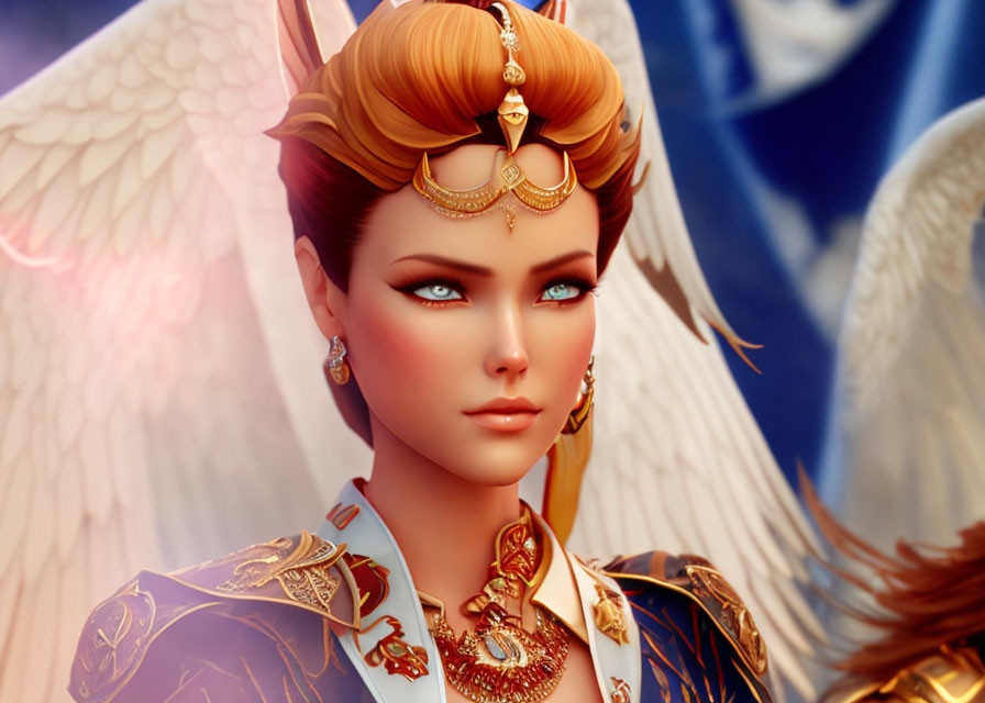 Fantastical female character with large angel wings and gold jewelry