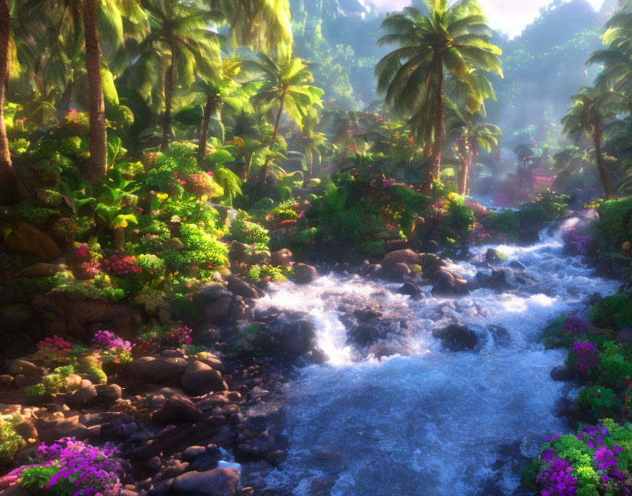 Sunlit Forest with River and Colorful Flowers in Serene Setting