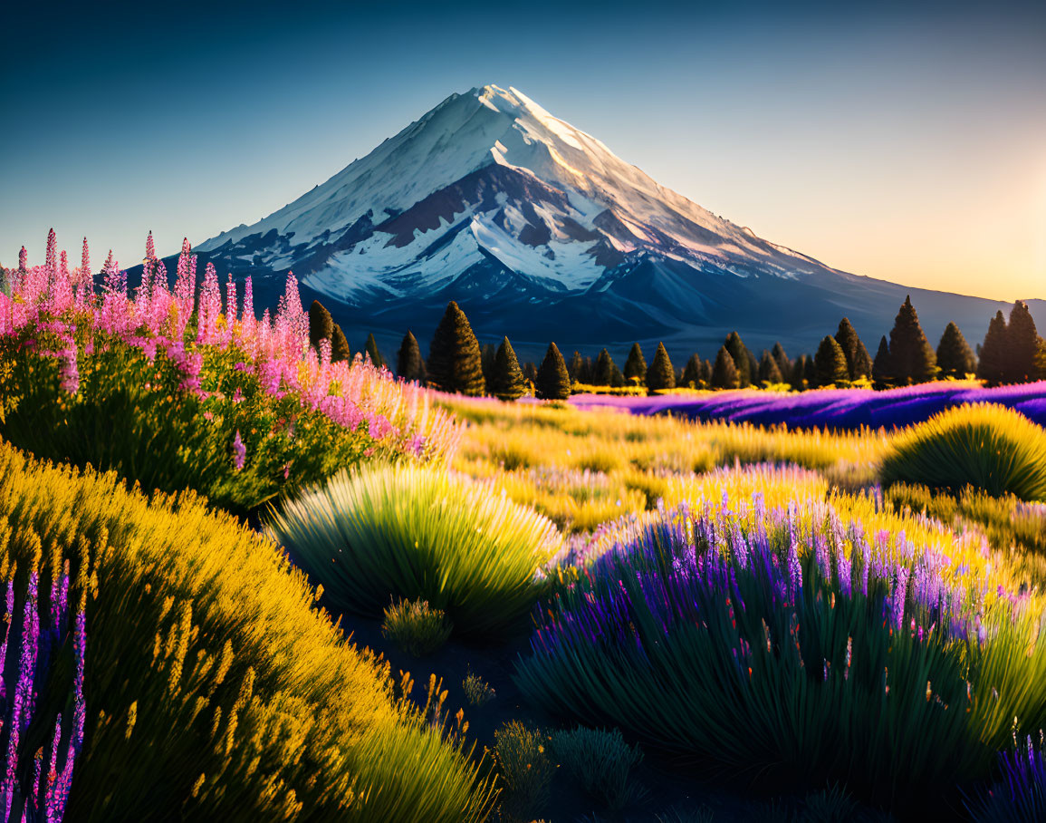 Vibrant purple wildflowers in sunset with snow-capped mountain.