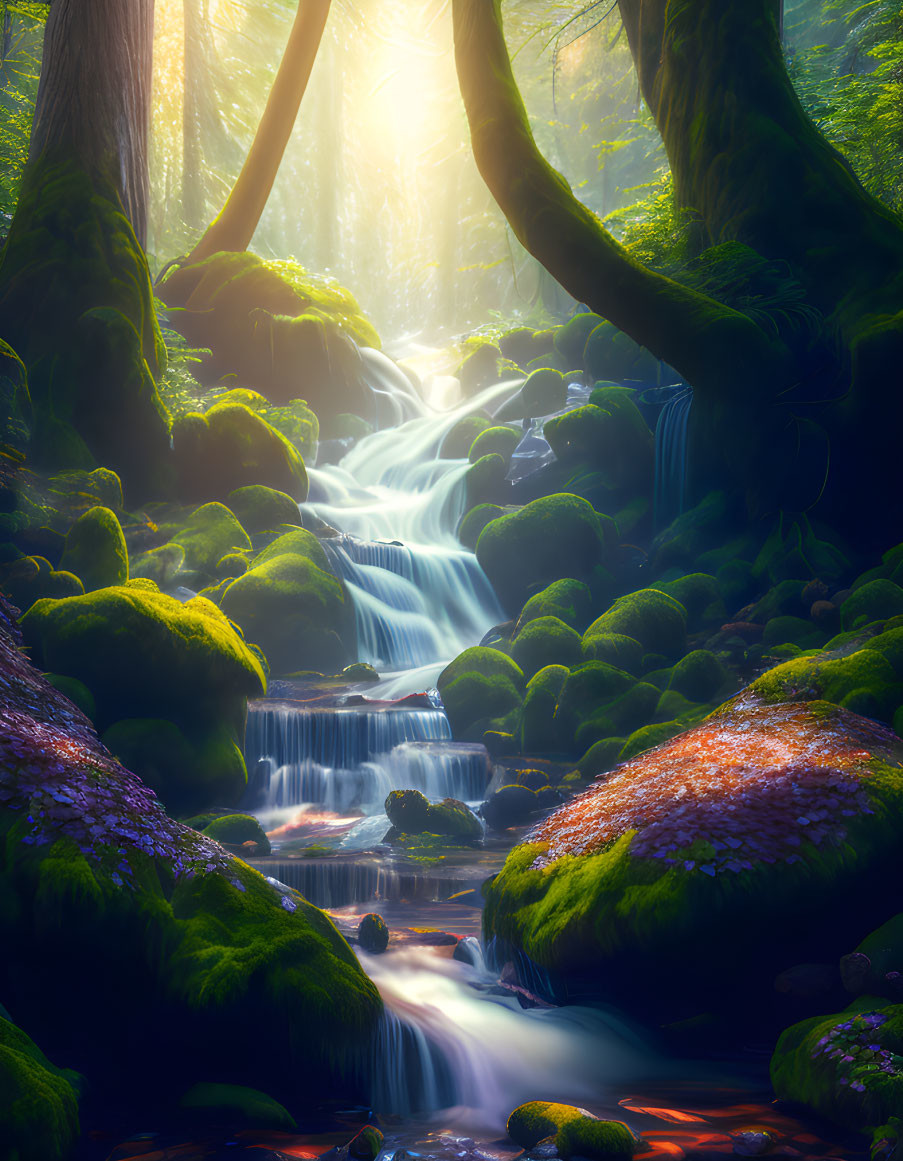 Mystical forest with cascading stream and sunlit canopy