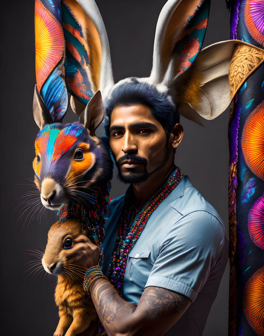 Colorful Attire Man Poses with Rabbit and Vibrant Winged Sculpture