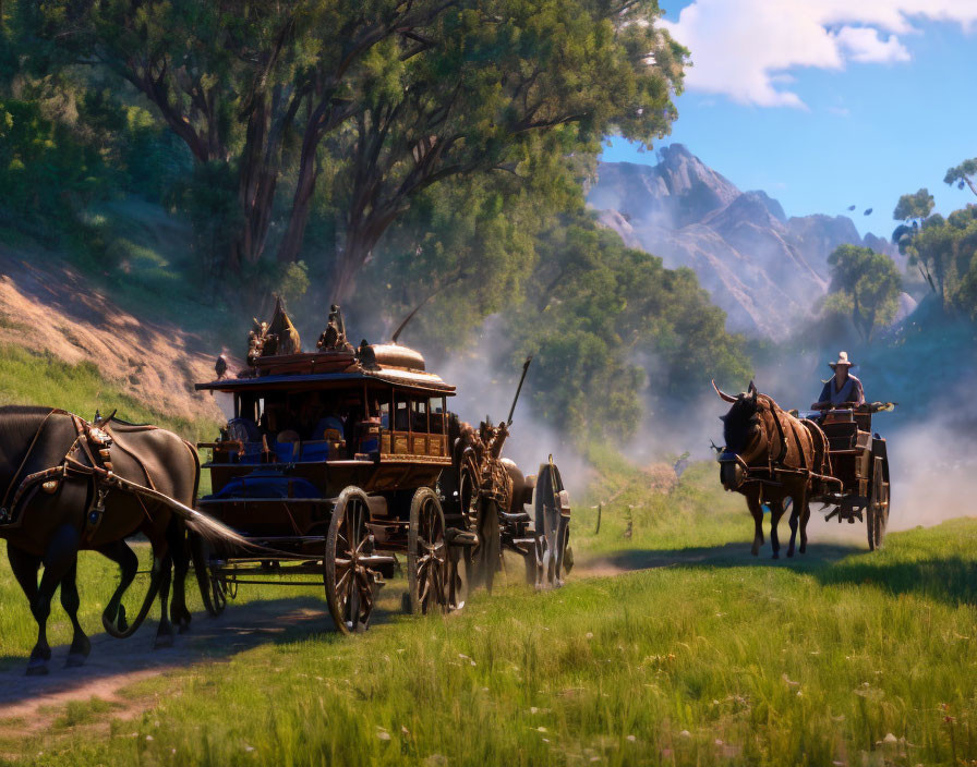 Horse-drawn carriage and wagon on dirt road in lush valley with mountains and clear blue sky