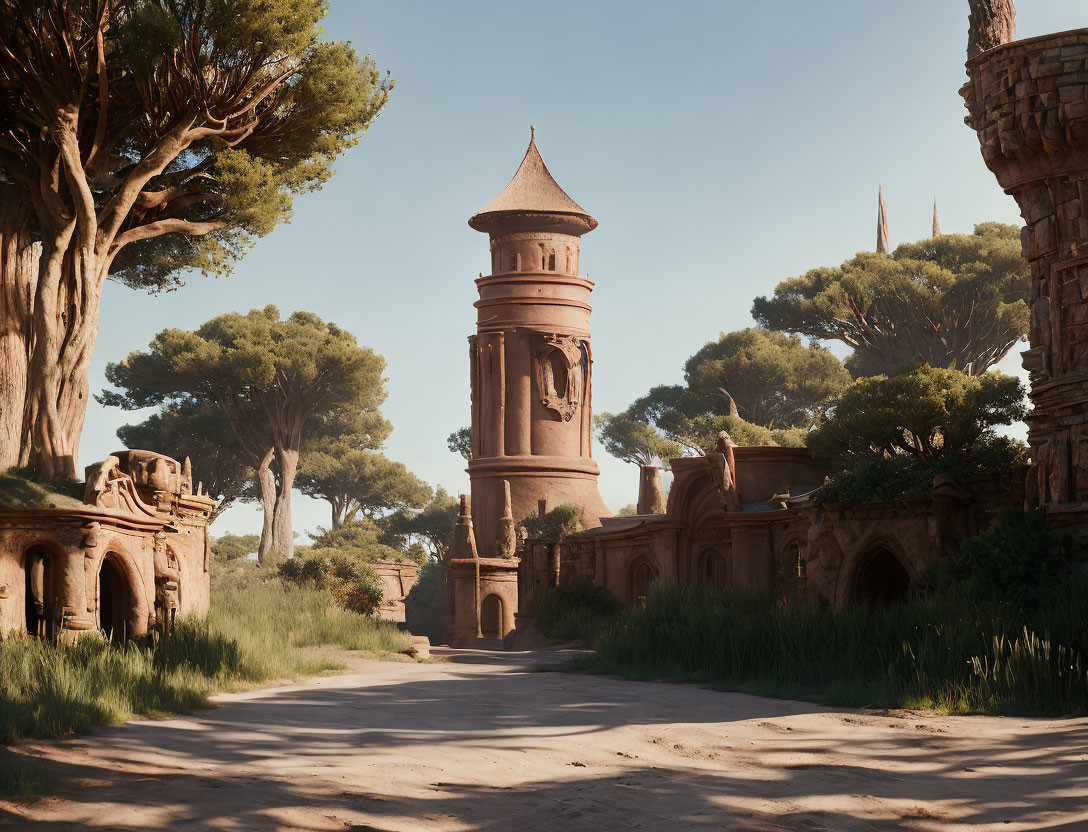 Ancient tower in overgrown ruins surrounded by lush trees