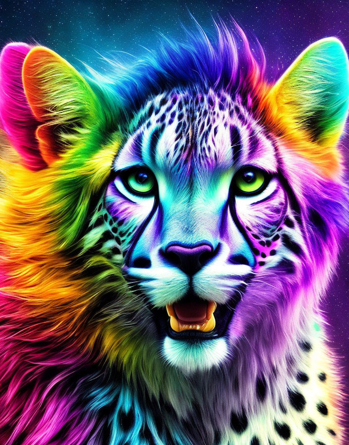 Colorful Digital Portrait of Cheetah with Rainbow Mane