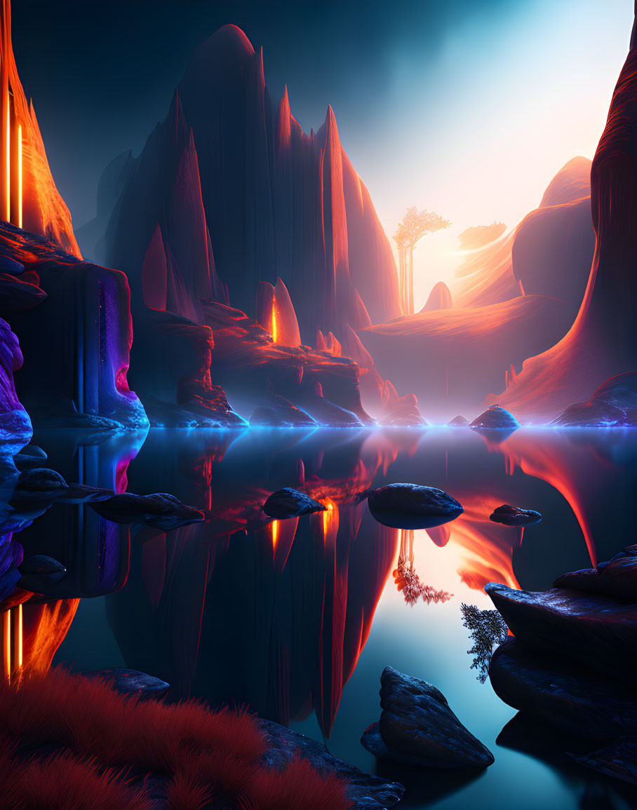 Futuristic landscape with glowing blue water, steep dark cliffs, illuminated rocks, and a solitary tree