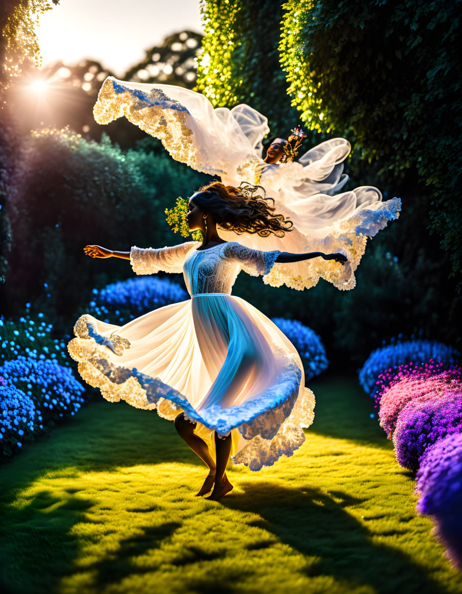 Woman twirls in sunlit garden with flowing white dress and feathered wings.