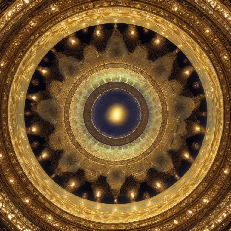 Circular Ceiling Design with Golden Patterns and Blue Star Center